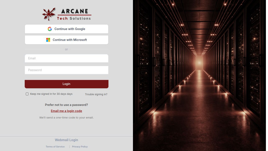 Arcane Tech client portal login screenshot